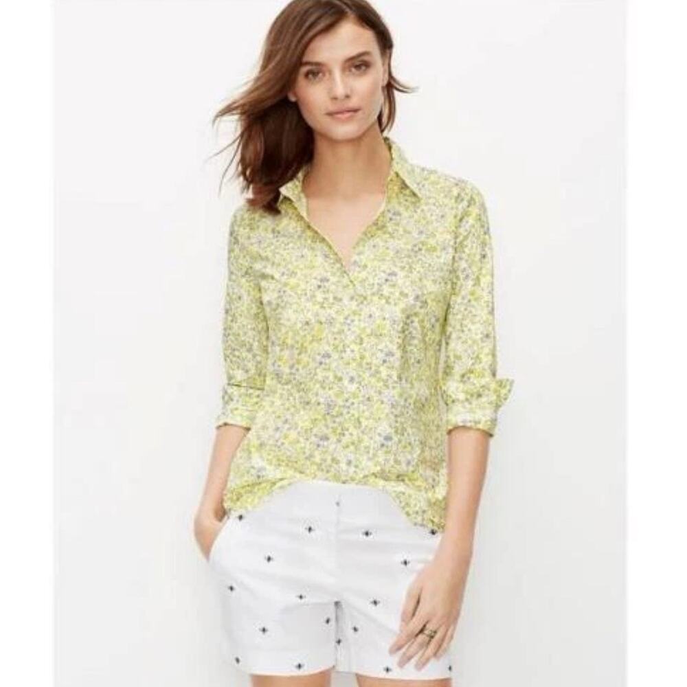 ANN TAYLOR Women's Light Cotton Blouse Long Sleeve Floral Yellow White size 8
